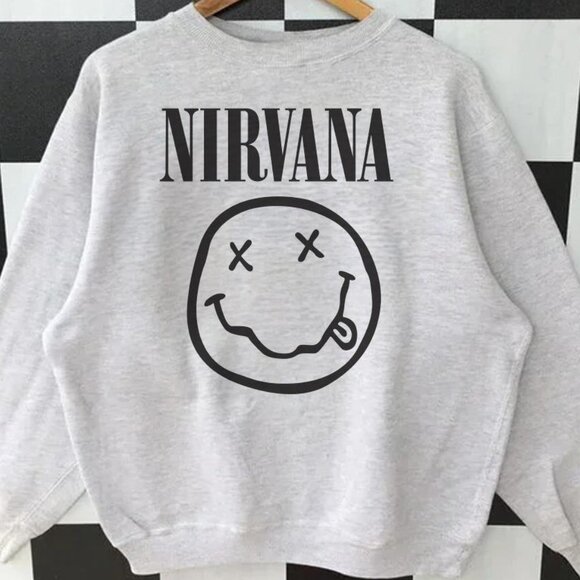 Nirvana Smiley Face Graphic Grey Sweatshirt, 90s Nirvana band sweaters unisex - Picture 1 of 4